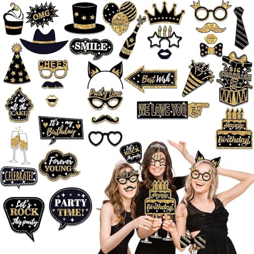 36PCS Birthday Photo Booth Props Party Supplies, Black Gold Photo Booth, Holiday Picture Decorations for Party Selfie Party Decorations and Gifts - size: Black Gold Photo Booth Props