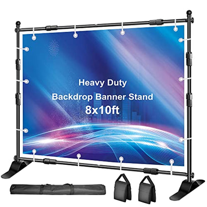 FUDESY Backdrop Banner Stand, 10x8ft Heavy Duty Display Frame, Adjustable Metal Telescopic Tube, Step and Repeat Background Stand Kit for Trade Show, Photography Photo Booth, Party, with Sandbags