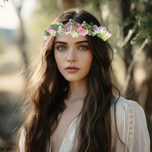 Bridal Flower Crown Adjustable Flower Headband Floral Halo Floral Crown Wedding Party Cosplay Halloween Costume - color: purple