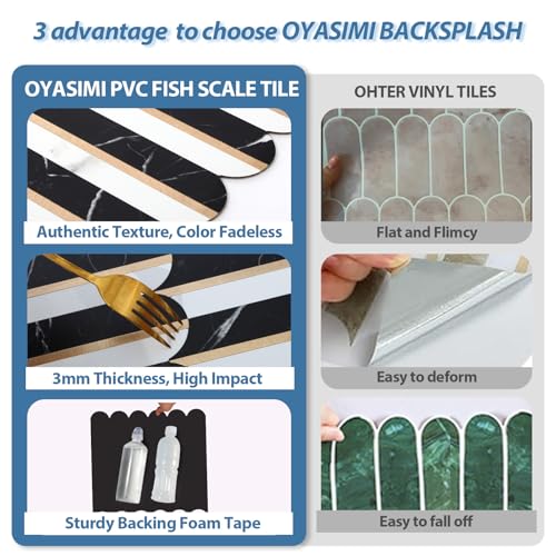 10-Sheet Fish Scale Peel and Stick Backsplash for Kitchen Wall Tiles,12 inches Black Clara Stone Mixed Metal Gold 3D PVC Wall Tile Stick on Backsplash for Kitchen and Bathroom - color: Black Clara Stone Mixed Metal Gold