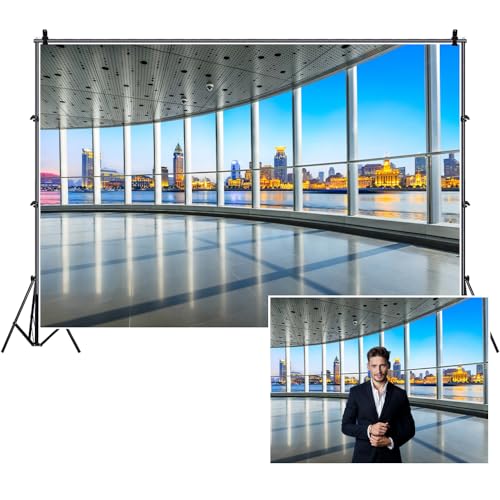 12x8ft Business Office Window Backdrop French Window City Skyline View Buildings Photography Background Work at Home Interior Decor Adult Man Woman Portrait Photo Studio Props Wallpaper - size: 12x8ft