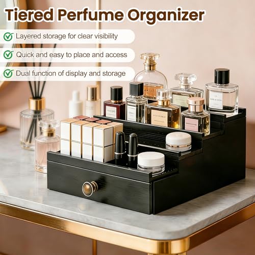 Men's Cologne Organizer 4 Tier Wooden Perfume Stand with Hidden Compartment & Bottom Drawer, Handmade Pine Wood Fragrance Display Shelf Storage for Cologne, Watches, Jewelry, Makeup Organizer