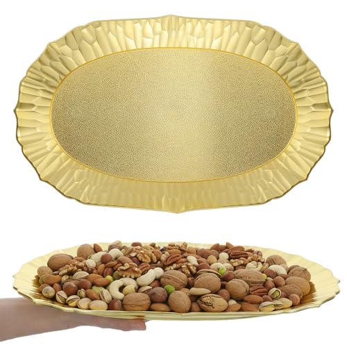 6 Pack Plastic Serving Tray Set, Gold Rectangular Serving Platters 14"x8.5", Reusable Food Display Trays, Decorative Appetizer Platters for Party Dessert Table Cupcake Charcuterie Cookies