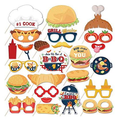 25 Pcs BBQ Photo Booth Props with Stick,Burger BBQ Party Decorations Cookout Themed Picnic Decorations Reunions Fun Selfie Props