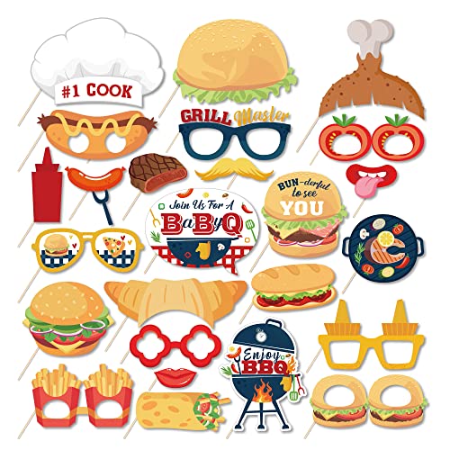 25 Pcs BBQ Photo Booth Props with Stick,Burger BBQ Party Decorations Cookout Themed Picnic Decorations Reunions Fun Selfie Props