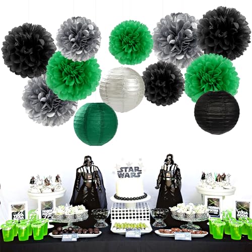Green-Black Silver Party-Decorations Paper Flowers Lanterns - 15PCS Football Game Day Birthday Tissue Pom Poms Streamers, Bachelorette New Years Hanging Supplies Decor Hugfond - color: Dark Green Black Silver