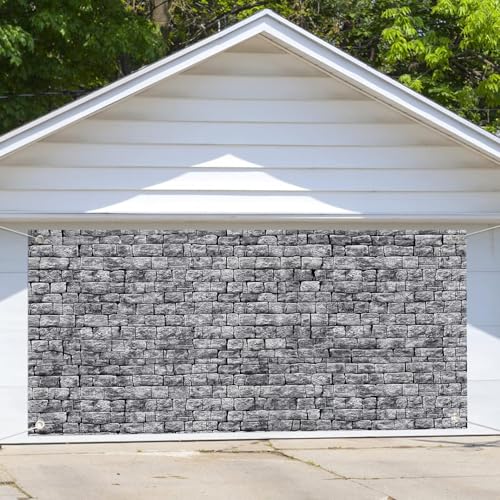 Medieval Castle Brick Stone Wall Garage Door Background, Reusable Polyester Fabric Garage Door Decoration Banner, Gray Rock Theme Decor Banner for Indoor Outdoor Birthday Party - size: 16x7