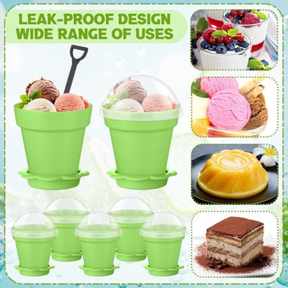Honeydak 25 Pack Flowerpot Dessert Cup Plastic Cake Cups with Lid Shovel Spoon Mini Flower Pot Dessert Cups Ice Cream Yogurt Cupcake Holder Containers for Birthday Party Supplies DIY Baking (Green) - color: Green