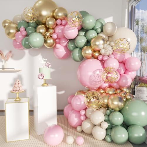MEBAY Sage Green Pink Gold Balloon Arch Kit, 141Pcs Sage Green Pastel Pink Chrome Gold Sand White Latex Balloons for Birthday Wedding Baby Shower Gender Reveal Anniversary - color: 141-sage Green