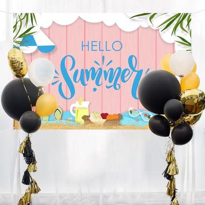 Maicaiffe Hello Summer Backdrop Banner Decor - 6x4 ft Hawaiian Pool Beach Party Photography Background Poster Sign - Summer Tropical Birthday Wedding Retirement Party Photography Prop Booth Decor