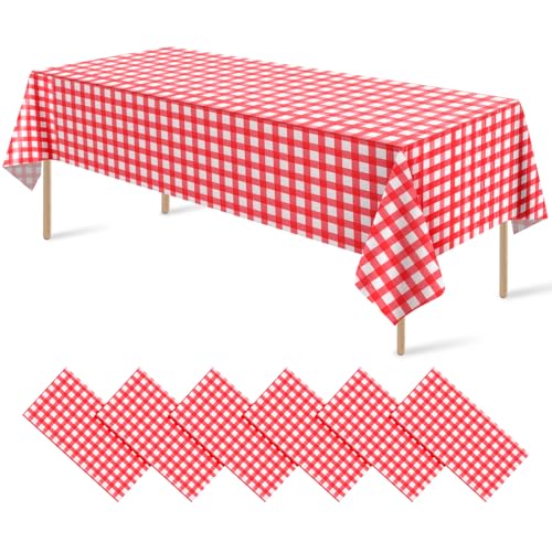 6 Pack Red and White Plastic Checkered Tablecloth, Premium Decorative Disposable Red Gingham Plaid Table Cloths for Parties, Rectangle Party Table Cover for Picnic Farm Birthday Wedding, 54x108 Inch - color: Red Checkered, size: 54"x108"-6 Pack