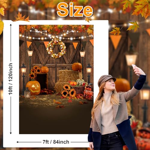 Avezano Fall Thanksgiving Photography Backdrop Autumn Pumpkin Harvest Barn Background Maple Leaves Rustic Wooden Door Garland Backdrops for Portrait Photoshoot Photo Studio (7x10ft) - size: 7x10ft