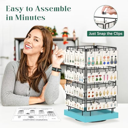 EsLuker.ly Rotating Earring Display Holder Stand for Vendors Events Selling, Large Capacity 64 Hooks Jewelry Rack with Wooden Base for Earring Card Sales, Enhances Retail Visibility (Blue) - color: Blue+Black