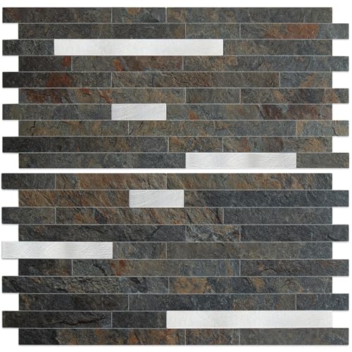 AULIGET 2 Sheets Rust Slate Peel and Stick Backsplash, PVC Mixed Metal Silver Wall Tile Stick on Backsplash for Kitchen and Bathroom - color: Rust Slate + Metal Silver, size: 2 Sheets, 6"x12"x0.12"