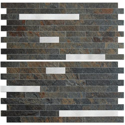 AULIGET 2 Sheets Rust Slate Peel and Stick Backsplash, PVC Mixed Metal Silver Wall Tile Stick on Backsplash for Kitchen and Bathroom - color: Rust Slate + Metal Silver, size: 2 Sheets, 6"x12"x0.12"