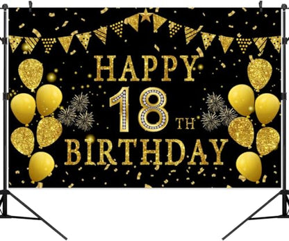 5x3ft Happy 18th Birthday Party Photography Backdrop, Glitter Black and Gold Balloons Background for Girl Boy 18th Bday Shining Diamond Eighteen Years Old Birthday Party Supplies - color: 18th, size: 5x3ft