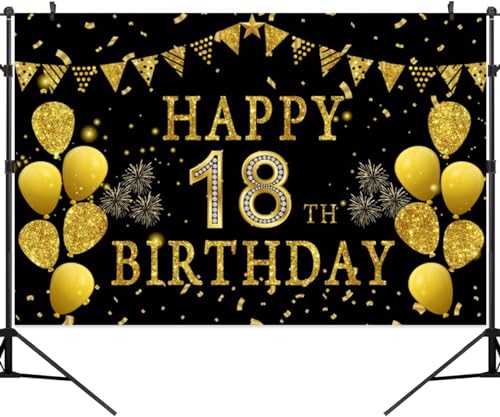 9x6ft Happy 18th Birthday Party Photography Backdrop, Glitter Black and Gold Balloons Background for Girl Boy 18th Bday Shining Diamond Eighteen Years Old Birthday Party Supplies - color: 18th, size: 9x6ft
