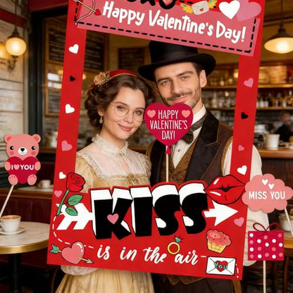 Valentine’s Day Photo Booth Props Frame, Love Heart Kiss Selfie Photobooth Props, Happy Valentine’s Day Photo Props for Wedding, Anniversary & Party Decorations