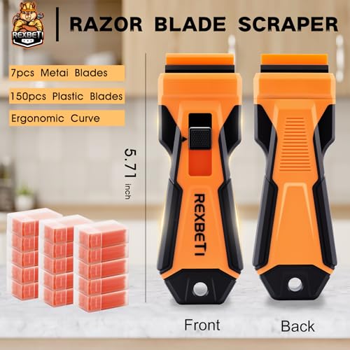 REXBETI Razor Blade Scraper Tool, 1 Pack Razor Scraper with Extra 157Pcs Razor Blades -7Pcs Metal and 150Pcs Plastic Blades, Cleaning Scraper Tool, Cooktop, Paint, Glass Scraper - style: Upgraded 1 Pack
