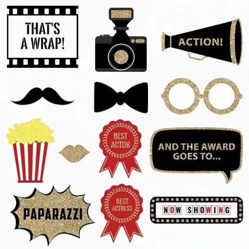 Fully Assembled Hollywood Photo Booth Props - Set of 27 - Black Gold Red Selfie Signs - Movie Night Themed Party Supplies & Decorations - Cute Oscars Designs with Real Glitter - Did We Mention No DIY - size: 27 Pieces