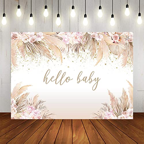 Mocsicka Boho Hello Baby Theme Backdrop Boho Chic Pink Flowers Baby Shower Background Girls Welcome Oh Sweet Baby Party Cake Table Decorations Photo Booth (8x6ft) - size: 8x6ft