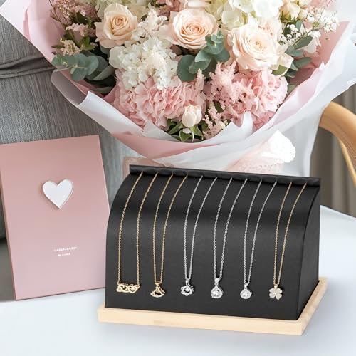 KUKUVR PU Cambered Necklace Display Stand for Women, Wood Base Jewelry Holder Rack for Necklace Pendant Bracelet Chains, Necklaces Storage Organizer Showcase for Selling Vendors exhibition (Black) - color: Black