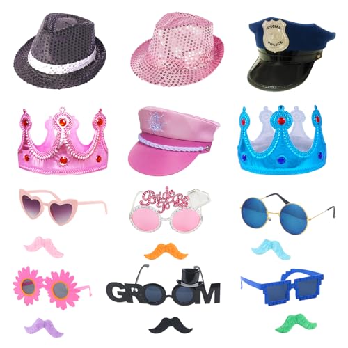 18 Pcs Fun Photo Booth Props Set for Adults, Novelty Funny Hats and Party Sunglasses, Colorful beards, Photo Booth Props Kit for Wedding, Bachelorette Party, Birthday, Costume, Events, All Occasions