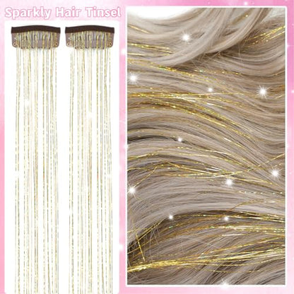 Hair Tinsel Clip in 12 Pcs Glitter Tinsel Hair Extensions 20 Inch Fairy Hair Clip in Hair Tinsel Heat Resistant Sparkly Gold Hair Accessories for Girls Women Kids (Gold) - color: Gold