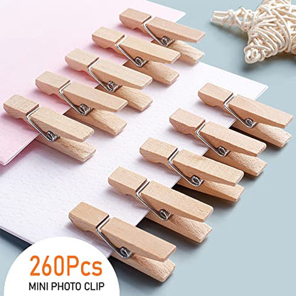 Mini Clothes Pins, 260 PCS Small Wooden Clothes Pin with Jute Twine, Clothespins, Clothes Pins for Photos Crafts DIY Project - color: Wooden, size: 1.2inch/260Pcs