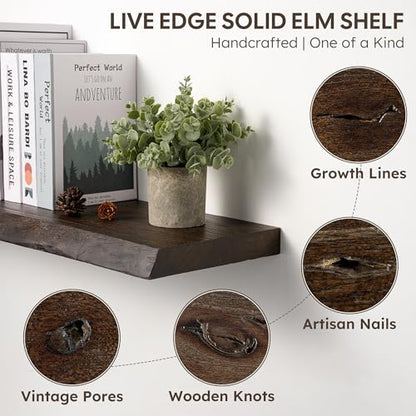 Floating Shelves Set of 2, Solid Elm Wood Wall Shelves 24 Inch - Invisible Bracket Mount for Living Room, Bedroom, Kitchen, Bathroom - Brown - color: Dark Brown, size: 24"L, 2-Pack