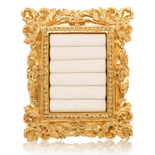 Vintage Gold Ring Frame Holder for Women, 3.94x3.54 In Picture Frame Engagement Ring Organizer Holder with Velvet Cushion, Jewelry Display Stand for Wedding Ceremony, Jewelry Display