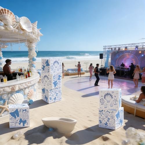 Tenceur 6 Pcs Last Toast on The Coast Bachelorette Party Decor Boxes Coastal Beach Blue Bow Seashell Paper Boxes 11.8'' Ocean Under The Sea Photo Booth Prop for Baby Shower Birthday Bachelorette Party - style: Coastal