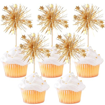 30 PCS Foil Firework Cupcake Toppers Happy Birthday Cake Toppers Star Sparkle Tinsel Flower Drink Stirrers Cocktail Fruit Toothpicks for Valentine's Day Baby Shower Birthday Party Supplies Gold - color: A Gold New