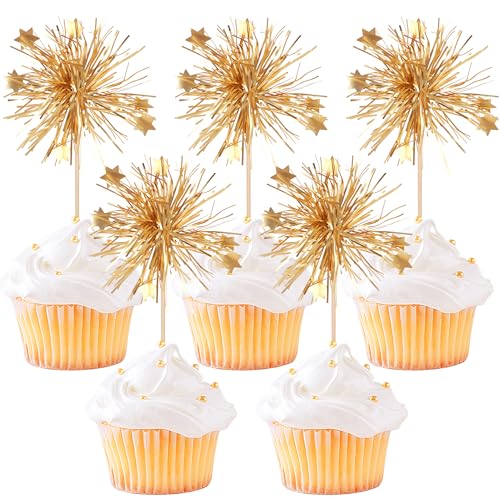 30 PCS Foil Firework Cupcake Toppers Happy Birthday Cake Toppers Star Sparkle Tinsel Flower Drink Stirrers Cocktail Fruit Toothpicks for Valentine's Day Baby Shower Birthday Party Supplies Gold - color: A Gold New