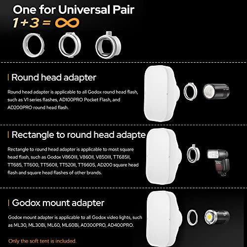 GODOX ML-CS1625 Softbox Diffusion Dome Kit with 3 Adapters, Foldable Diffuser for GodoxV1 Series V1 ML30 ML60BI AD200PRO AD300PRO 400PRO V Compatible with 850III V860III TT685II TT600
