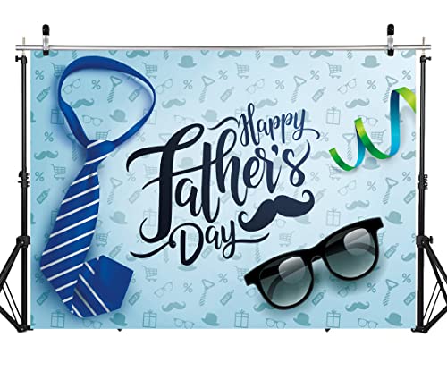 8X6FT Happy Father's Day Backdrop Necktie and Glasses Blue Backdrops Photo Studio Prop Backdrop Father's Day Party Supplies Decorations Banner Photography Background DH-404 - size: 8X6FT
