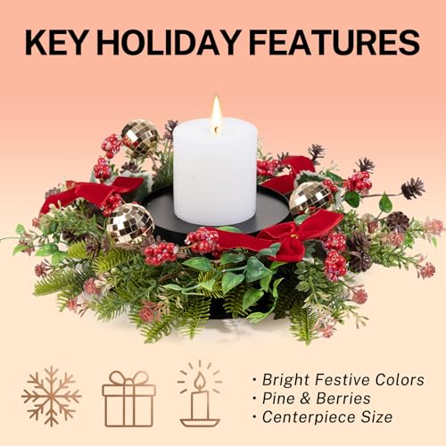 MOYEE Candle Holder Centerpieces for Tables,Candle Ring,Wreaths, Black Metal Candle Stick Paired Artificial Flowers 14 in Versatile Dining Table Centrepiece - color: Red Bow Pinecone Wreath