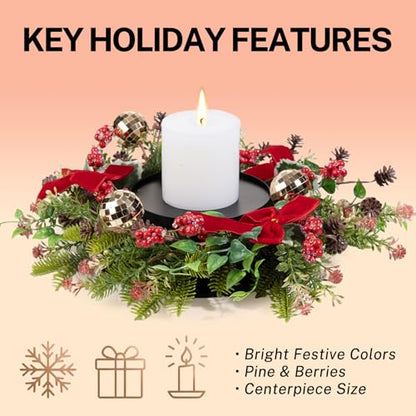 MOYEE Candle Holder Centerpieces for Tables,Candle Ring,Wreaths, Black Metal Candle Stick Paired Artificial Flowers 14 in Versatile Dining Table Centrepiece - color: Red Bow Pinecone Wreath
