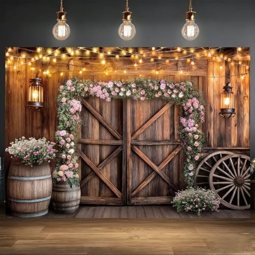 Country Wedding Photography Backdrop, Rustic Barn Door Cabin Wooden Photography Backdrop Farmhouse Pink Flower Wedding Bridal Party Banner Props Photo Photoshoot Wall Decor Booth 7x5ft