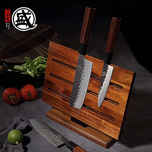 MITSUMOTO SAKARI Japanese Magnetic Knife Holder, 12.5-Inch Acacia Wood Double Sided Knife Block, Heavy Duty Magnet Stand for Chef & Steak Knives