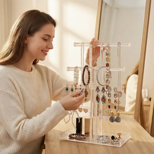 Acrylic Jewelry Stand with Scalloped Tray, 14" 4-Tier Tall Tangle-Free Necklace Holder Bracelet Hanging Jewelry Organizer for Bangles Earrings Watch, Tower Tray Storage for Gift Ring Perfume - color: Clear-Scalloped Tray, size: 4-tier