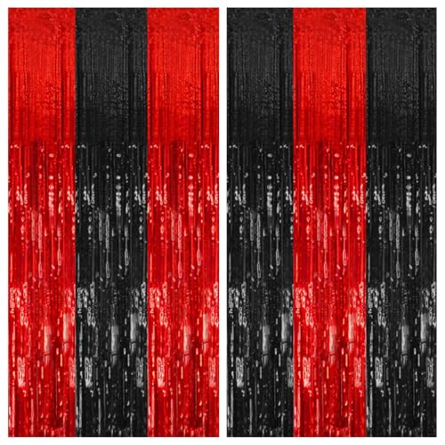 2 Pack Black and Red Backdrop Party Decorations Tinsel Curtain Halloween Party Streamer Foil Fringe Birthday Decorations Photo Booth Fancy Ball Christmas New Year Graduation Party Decor Decor - color: Black Red, size: 39.4"w X 78.7"l (Pack of 2)