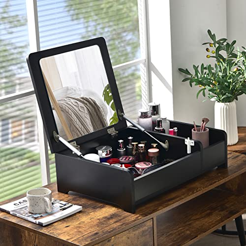 CHARMAID Countertop Vanity with Flip Top Mirror, 24inch Tabletop Laptop Desk with 2 Compartments Organizer, Modern Bedroom Makeup Dressing Vanity Mirror Cosmetic Storage Box Desktop (Black)