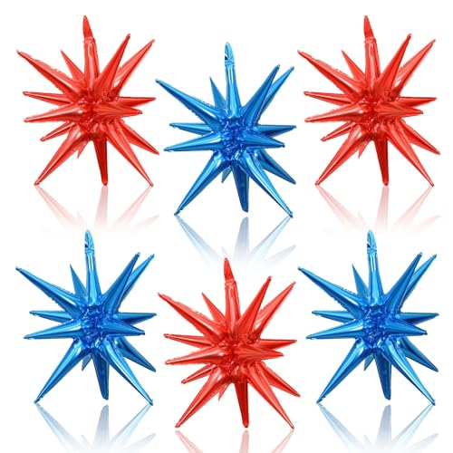 Blue Red Star Balloons, 22 Inch Foil Explosion Star Balloons, Large Spike Balloons Star Cone Balloons, for Birthday Graduation 4th of July, Independence Day USA Patriotic Party Decorations - color: Dark Blue Red
