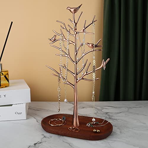 MORE&LESS Branch Jewelry Rack with wood tray,Retro color,Tree Tower Rack Hanging Organizer for Ring Earrings Necklace Bracelet,Suitable for living rooms, bathrooms,offices,etc. - color: B Antique Copper-Wood Tray