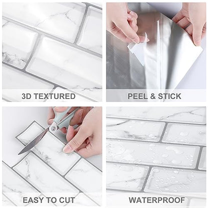 WESTICK Peel and Stick Backsplash Tile 10 Sheets Peel and Stick Subway Backsplash Grey Marble Back Splash Sticky Tiles Oil-Proof Tile Stickers Waterproof Wall Tiles for Kitchen Bathroom DIY 12”x12” - color: 2.Marble white