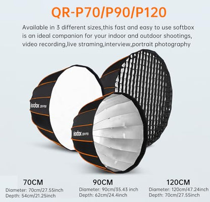 Godox Parabolic Softbox Quick Release,QR-P70 27.5”/70cm Portable Bowens Mount Sof tbox with Honeycomb Grid,Carry Bag,Front/Inner Diffuser for Professional Photography Studio Portrait Video Shooting - size: QR-P70