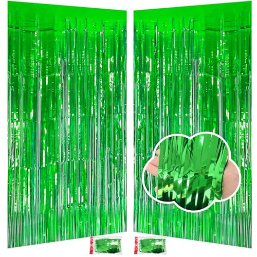 St Patricks Day Decorations Green Tinsel Backdrop 3.3x8.2ft, 2 Pack Foil Fringe Curtain Football Party Door Streamers, Green Fringe Backdrop for Superbowl Easter Christmas Jungle Birthday Irish Decor - color: Green
