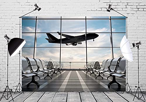 17x10ft Fabric Airport Backdrop Lounge with Plane Pilot Jet Birthday Party Video Recording Zoom Meeting Conference Baby Shower Photoshoot Business Studio Decoration Photography Props - size: 17x10FT