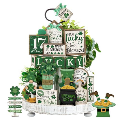 Yuntau 24 Pcs St Patrick's Day Tiered Tray Decor St Patty's Day Decorations Shamrock Irish Lucky Wooden Signs St. Patrick's Day Table Home Kitchen Bar Decoration - style: Retro